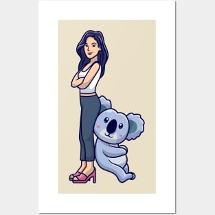 Cute Girl Posing With Koala Cartoon Posters and Art